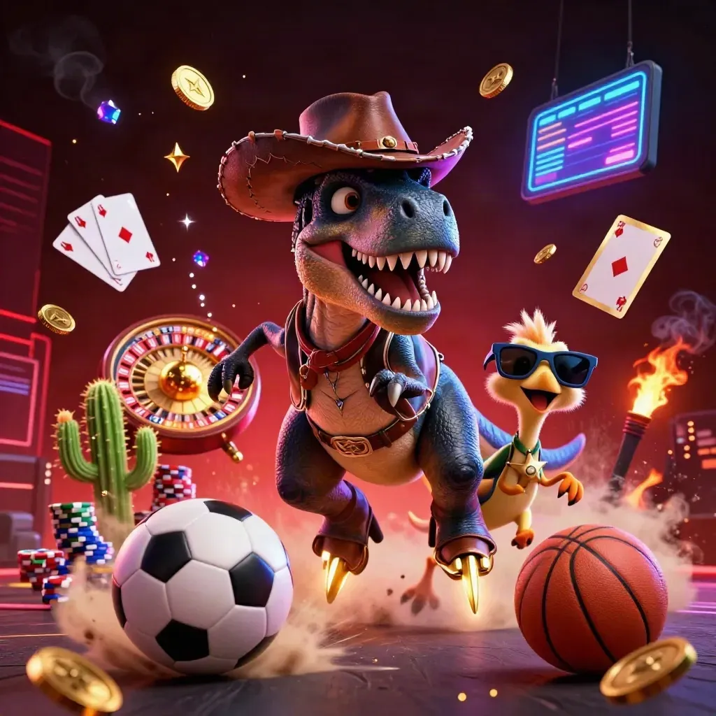 Cowboy T-Rex, cactus, and roadrunner burst through casino sports chaos with glowing coins and chips