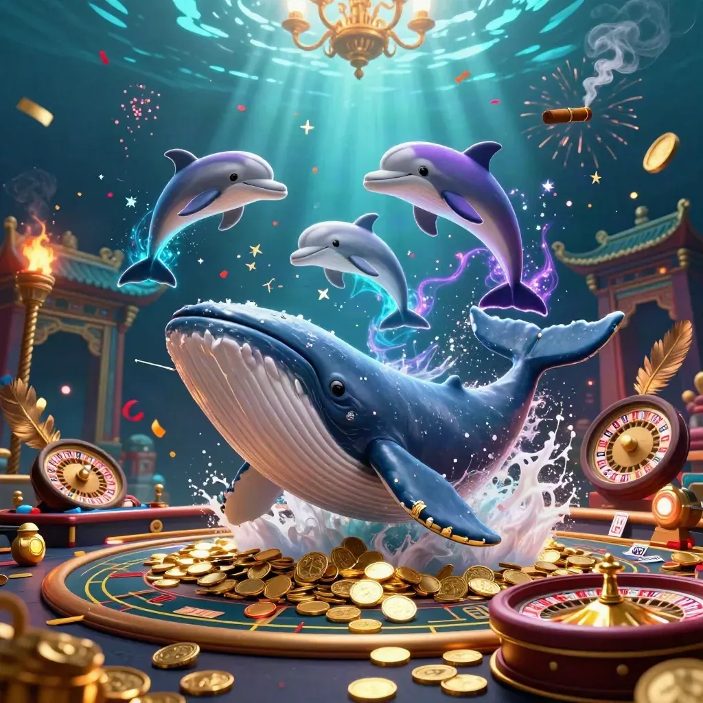Whale captain, narwhal, and dolphins in a neon underwater casino with roulette glow and gold coins.