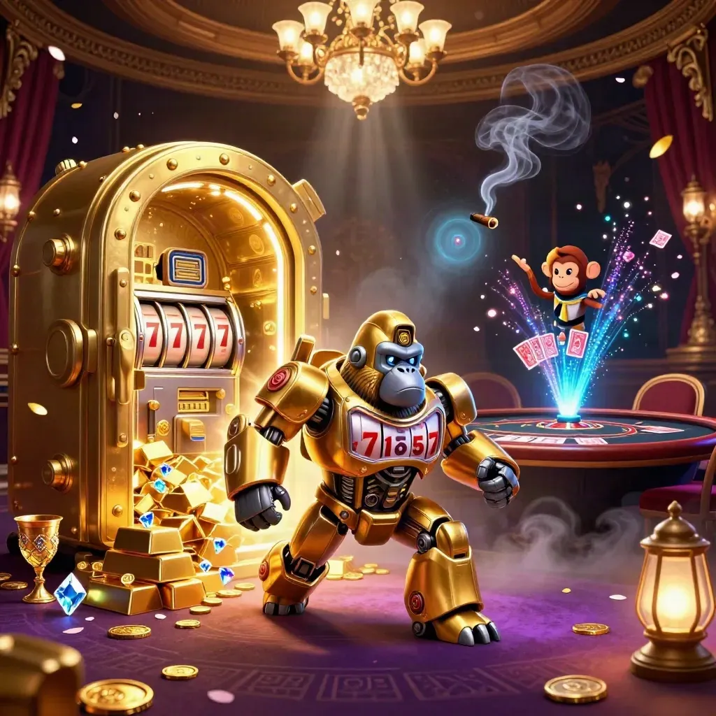 Golden gorilla mech and monkey pilot burst from a vault in a luxe neon casino chamber.