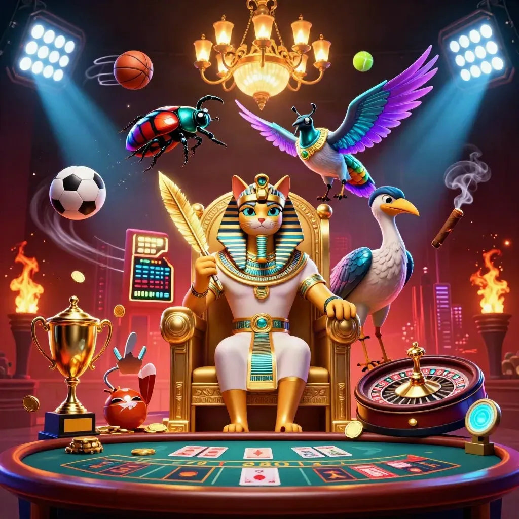 Pharaoh cat, ibis scribe, and gem scarabs amid neon casino lights and flying sports balls.