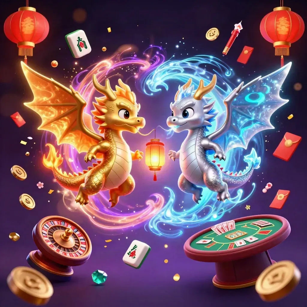Twin gold and silver dragons with a lantern spirit amid casino luxury and neon magic.