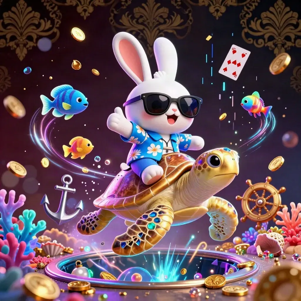 Lucky rabbit rides a jeweled sea turtle in a neon treasure cove with coins, coral, and fish