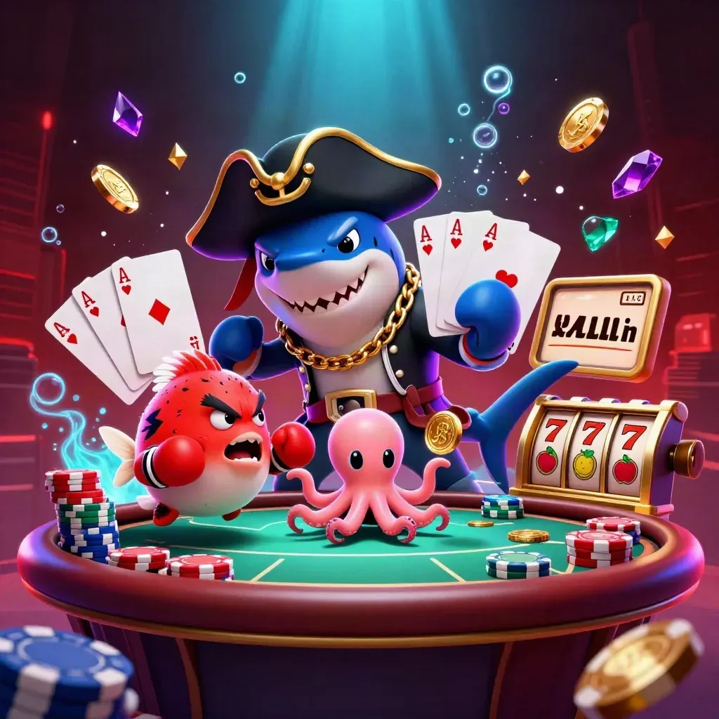 Shark pirate, boxing pufferfish, and coin-juggling octopus over a neon casino poker table.