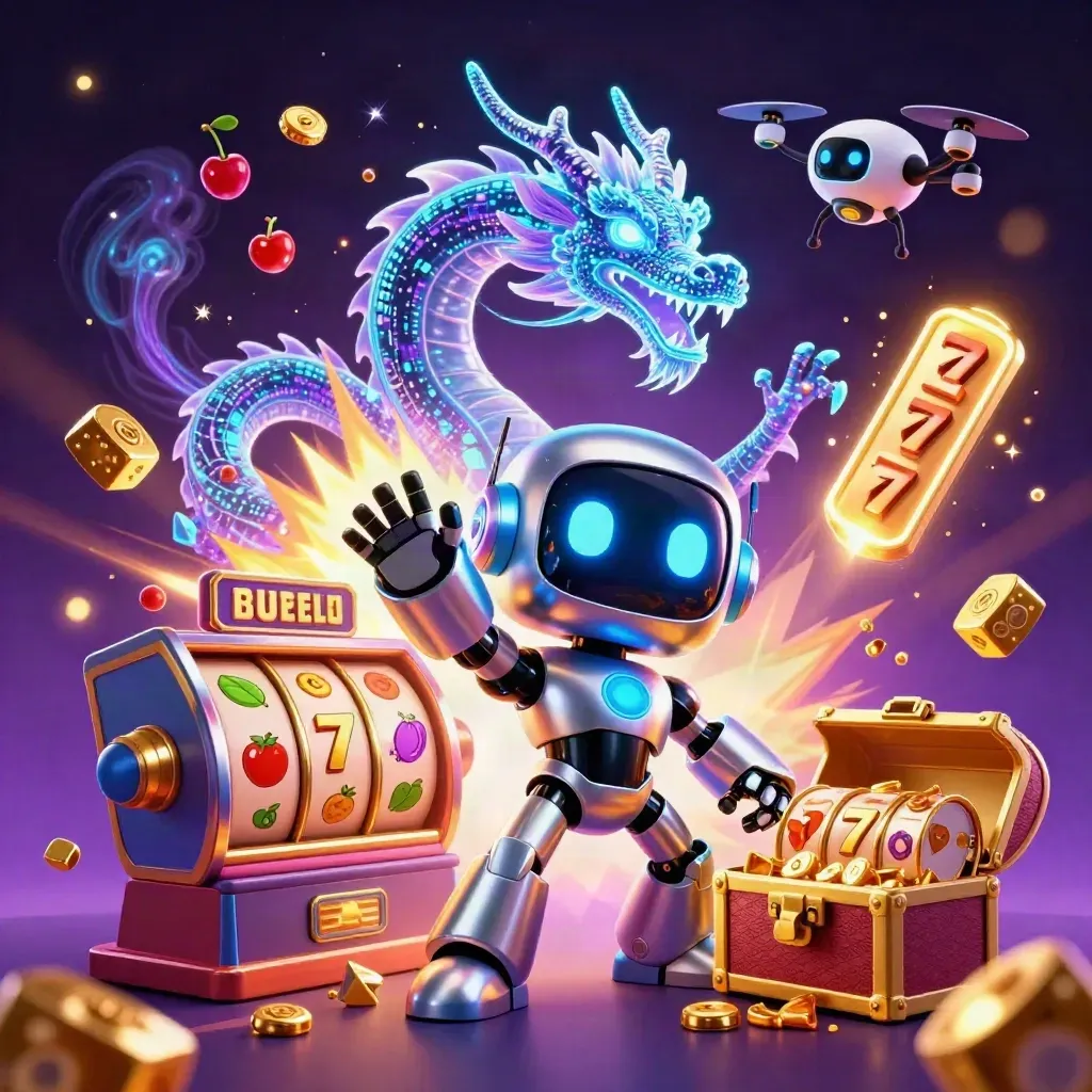 Cyberpunk robot, holographic dragon, and coin drone burst a slot machine with gold, gems, and neon flair.