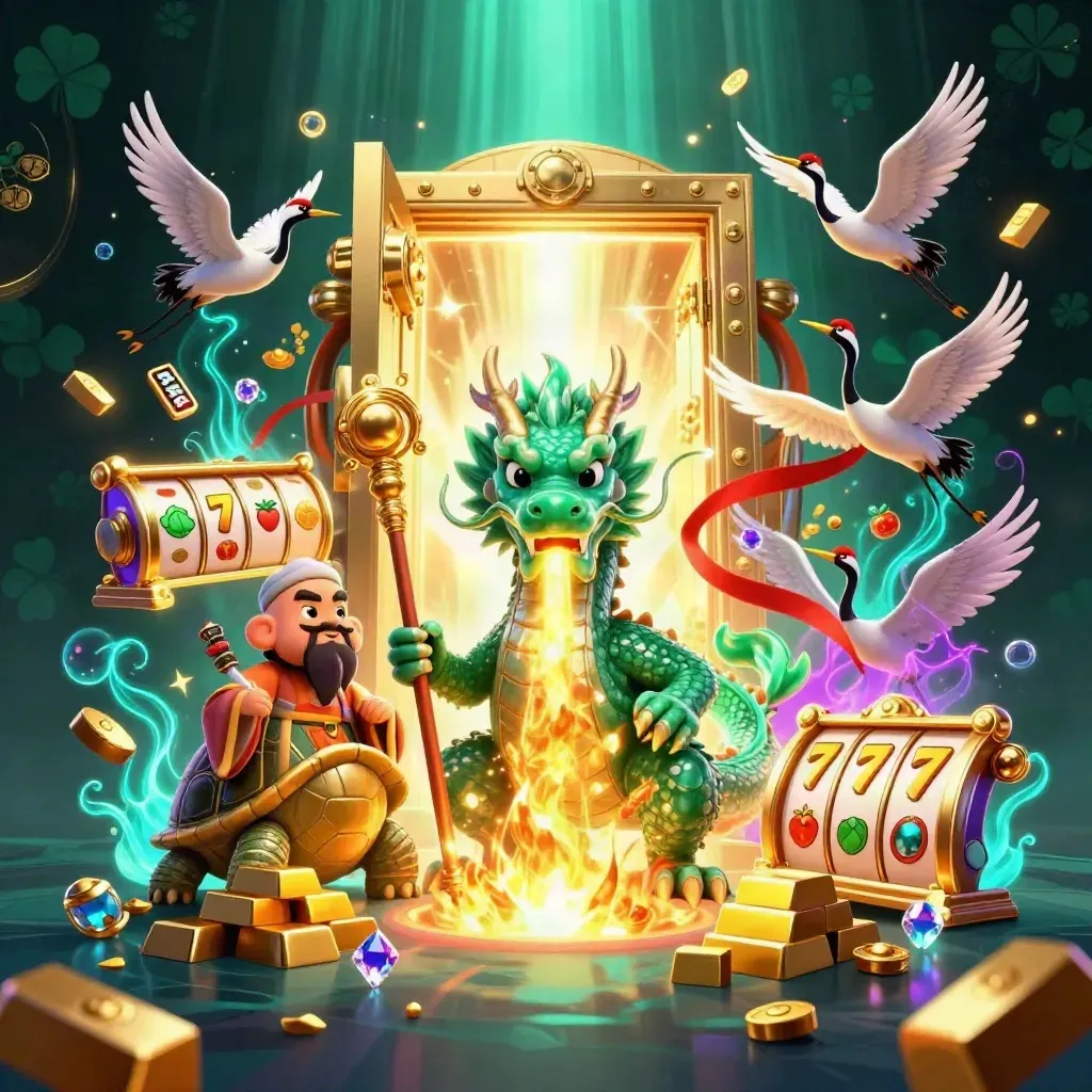 Emerald dragon, turtle sage, and ribboned cranes burst from a golden vault amid neon casino treasure.