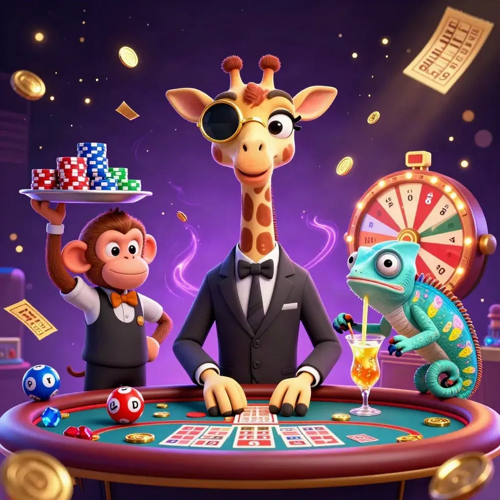 Giraffe, monkey, and chameleon at a glowing casino table amid coins, gems, and neon effects.