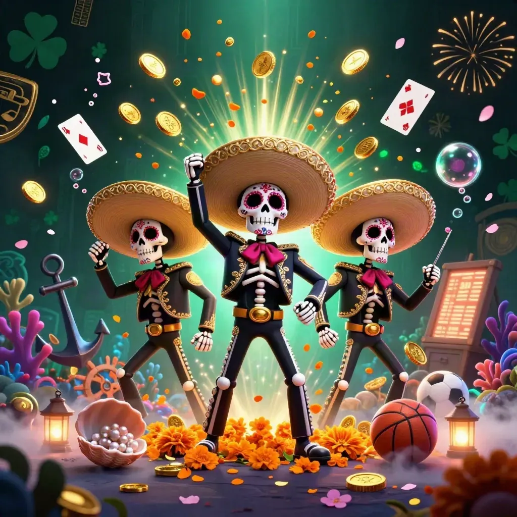 Skeleton mariachi trio amid gold coins, coral, petals, and casino energy.