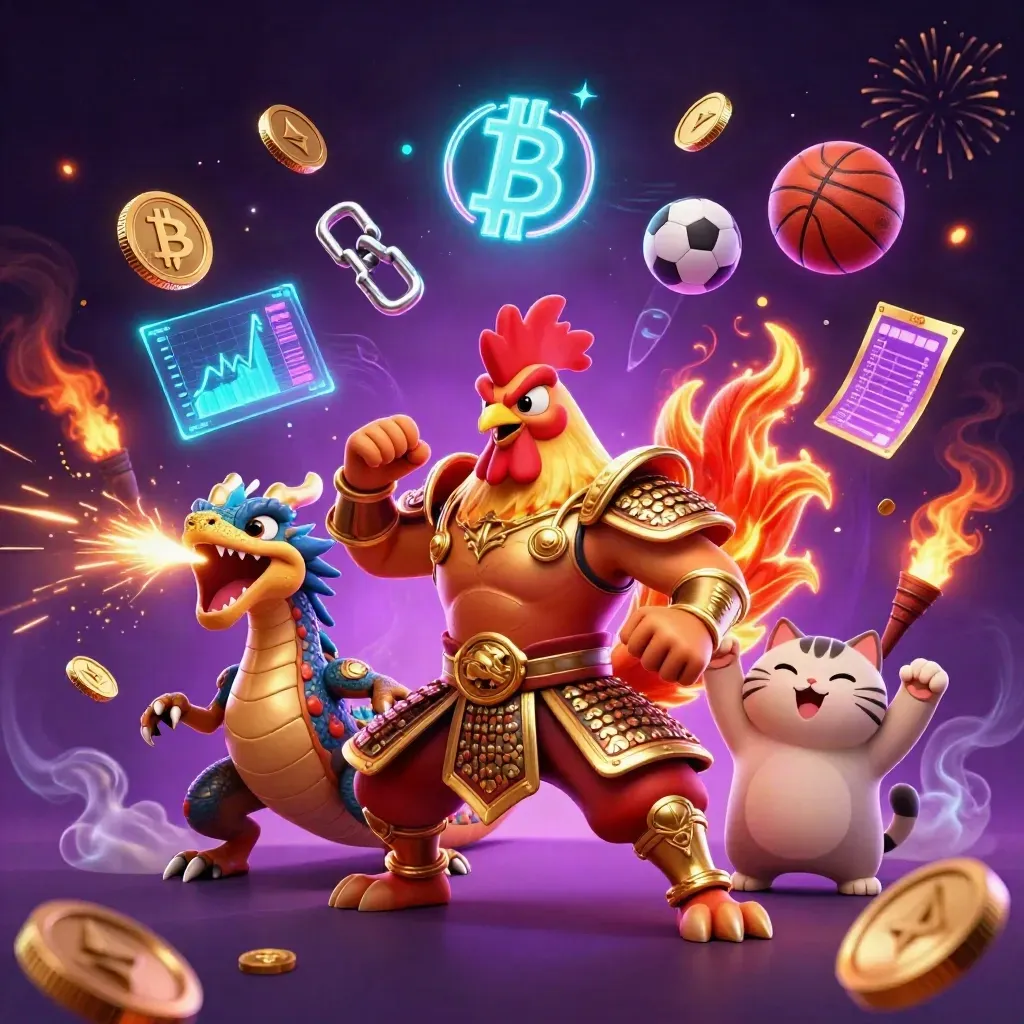 Rooster warrior, dragon hatchling, and fortune cat amid neon coins, lightning, and casino fireworks
