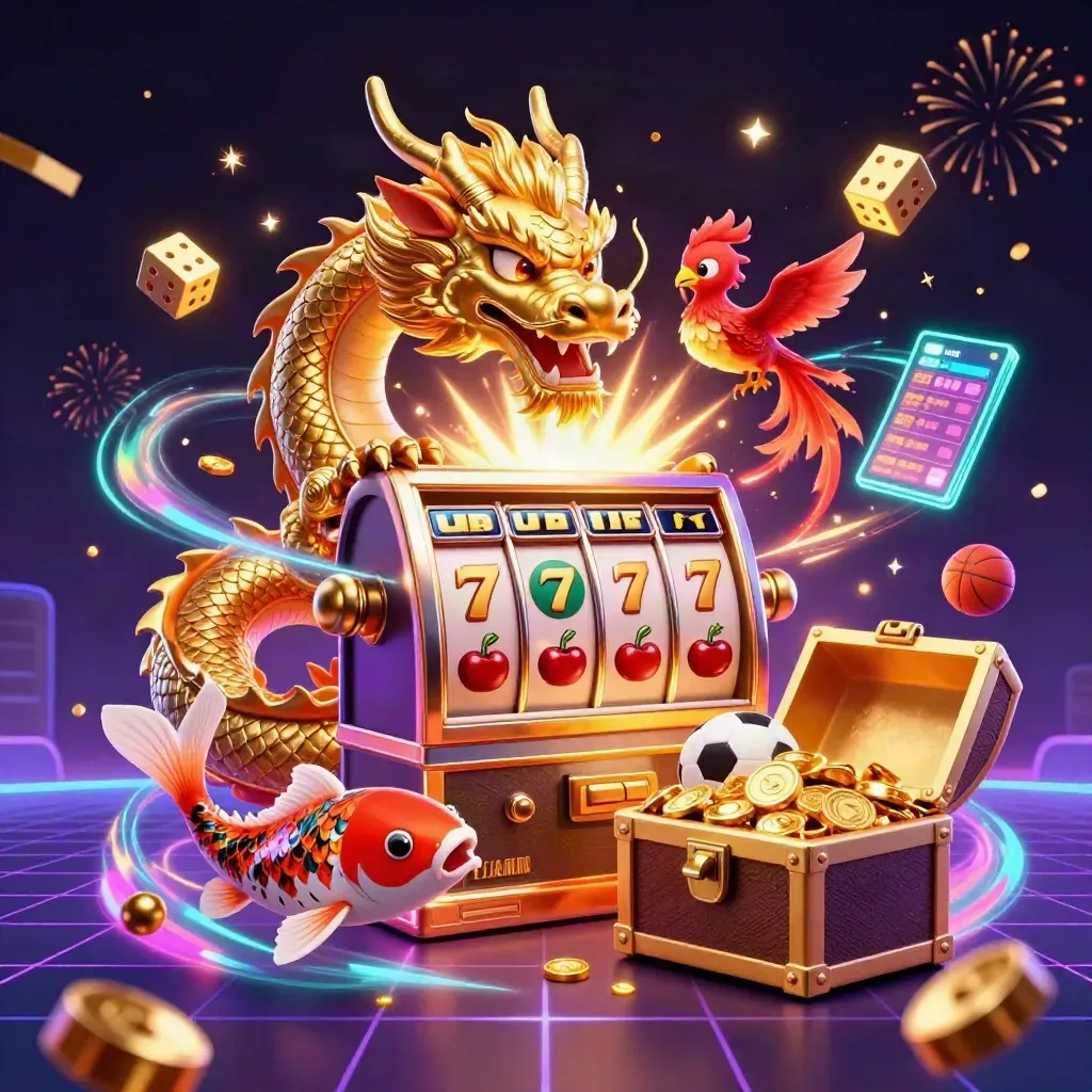 Golden dragon, phoenix, koi, slot machine, gold, fireworks, neon casino celebration scene