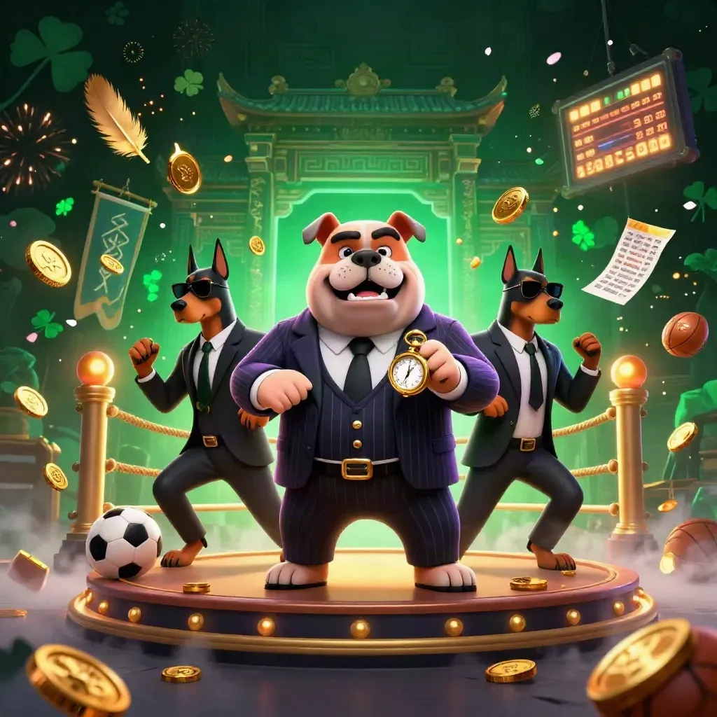 Bulldog boss and Doberman guards amid coins, fireworks, temple gate, and casino loot.