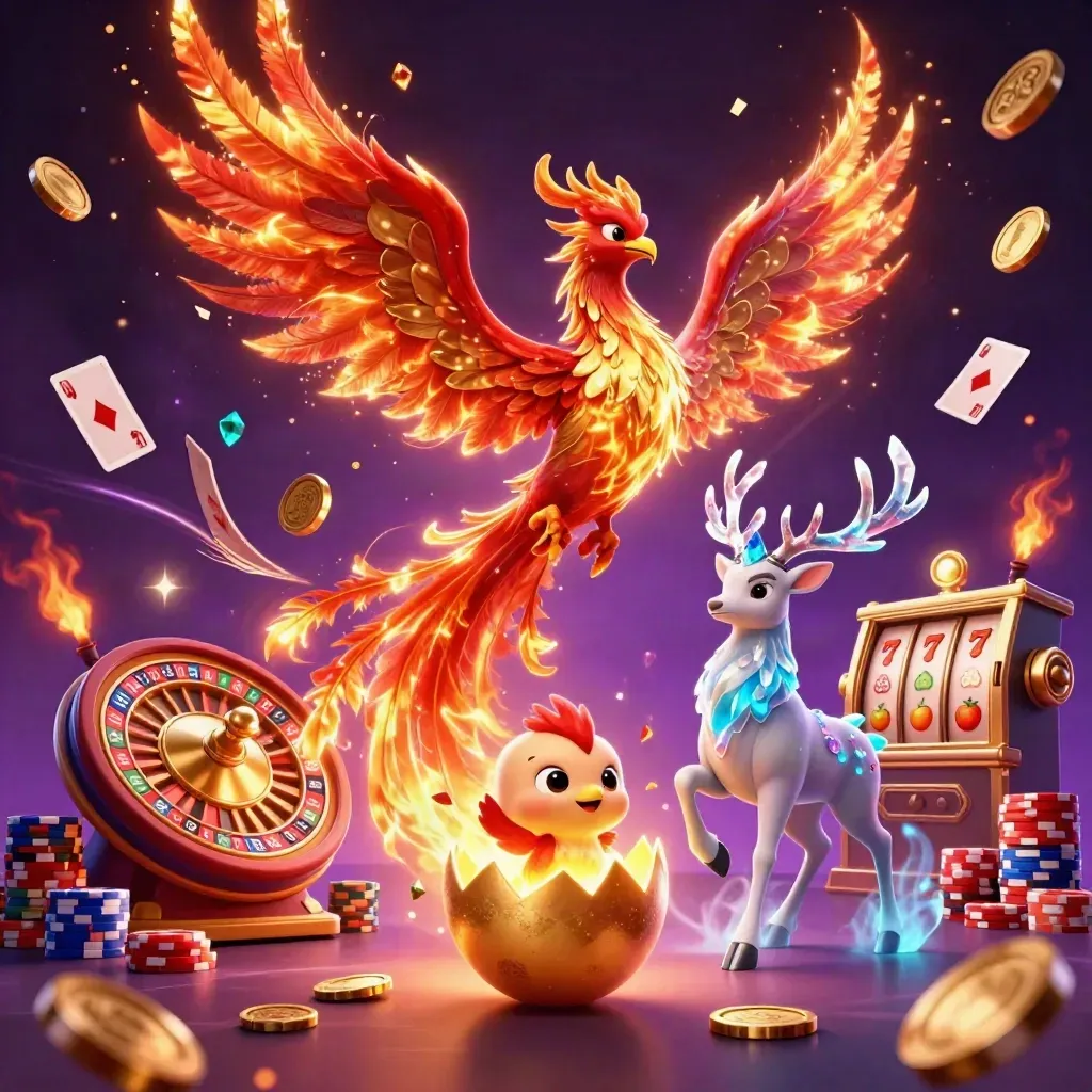Phoenix, hatchling, and crystal stag amid coins, cards, chips, and roulette on a neon violet backdrop.