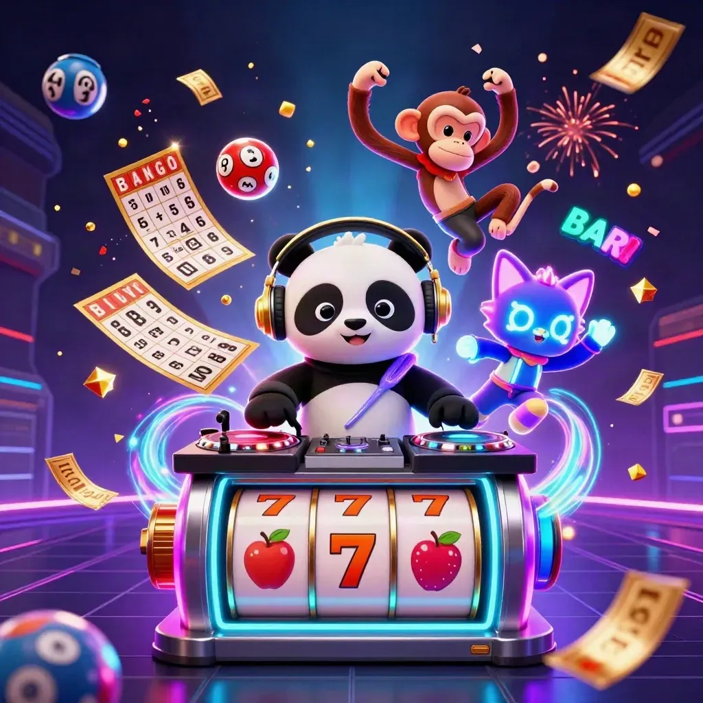 DJ panda, monkey, and glow-stick kitten with neon casino effects in a dark futuristic arena.