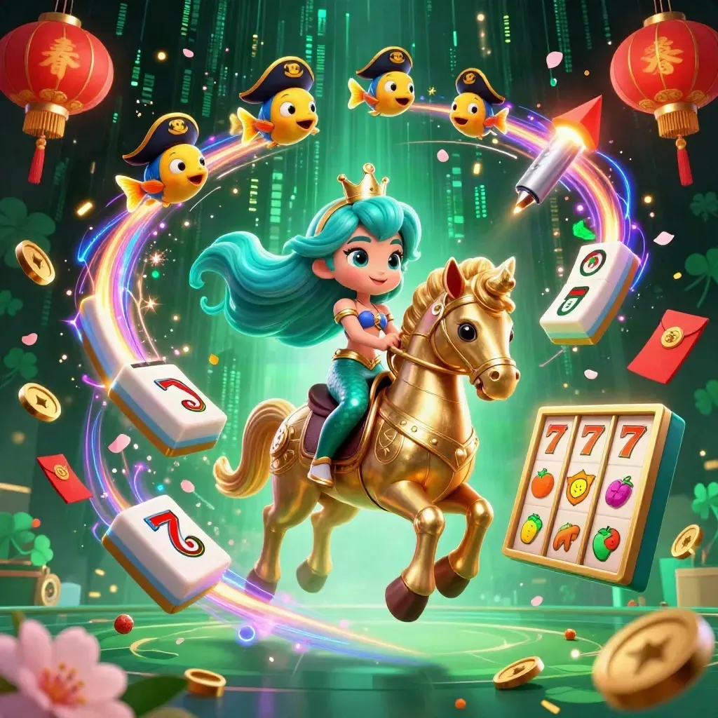 Mermaid princess on armored seahorse amid casino symbols, lanterns, coins, and electric neon glow.