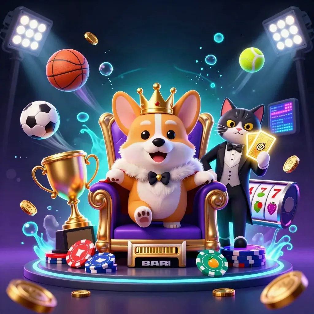 Royal corgi king and cat butler amid casino reels, sports balls, trophies, and cyan-violet glow.