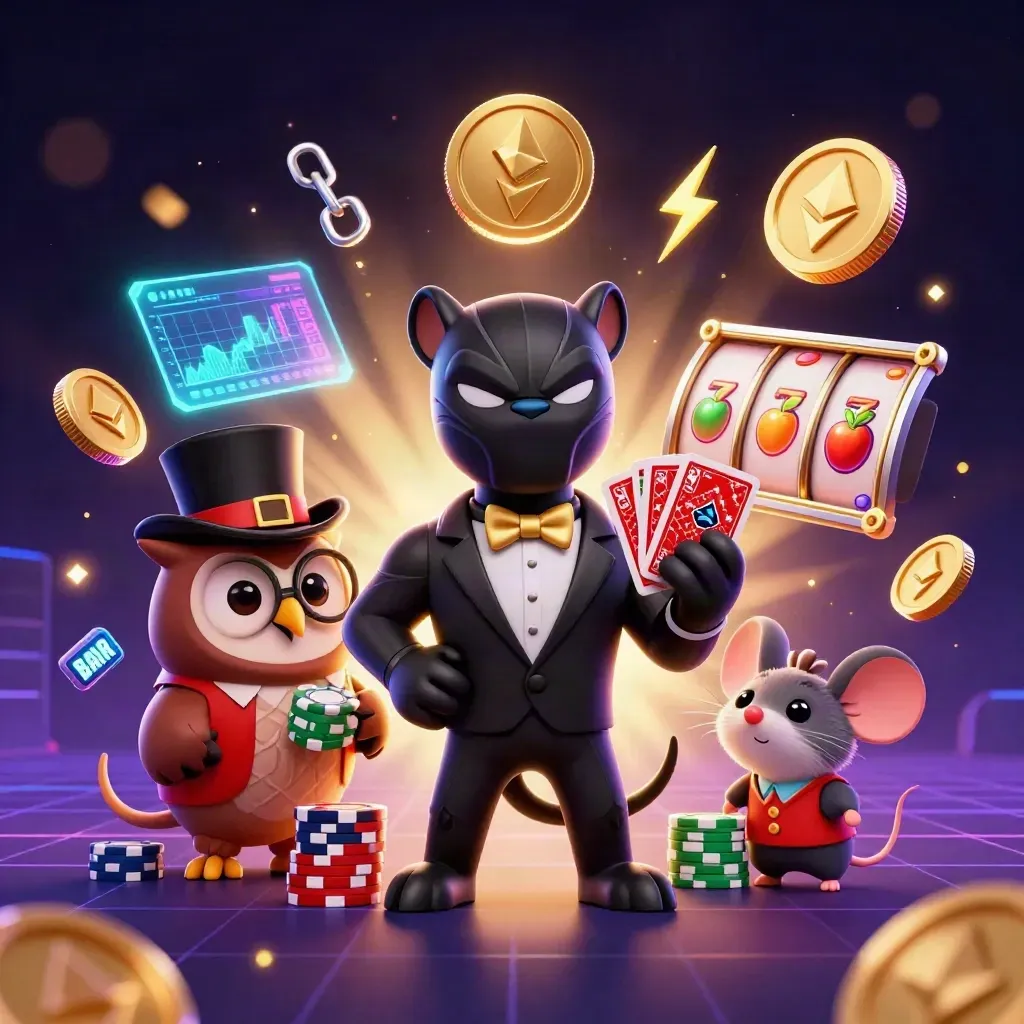 Panther, owl, and mouse amid gold casino sparks, coins, lightning, and dark neon glow