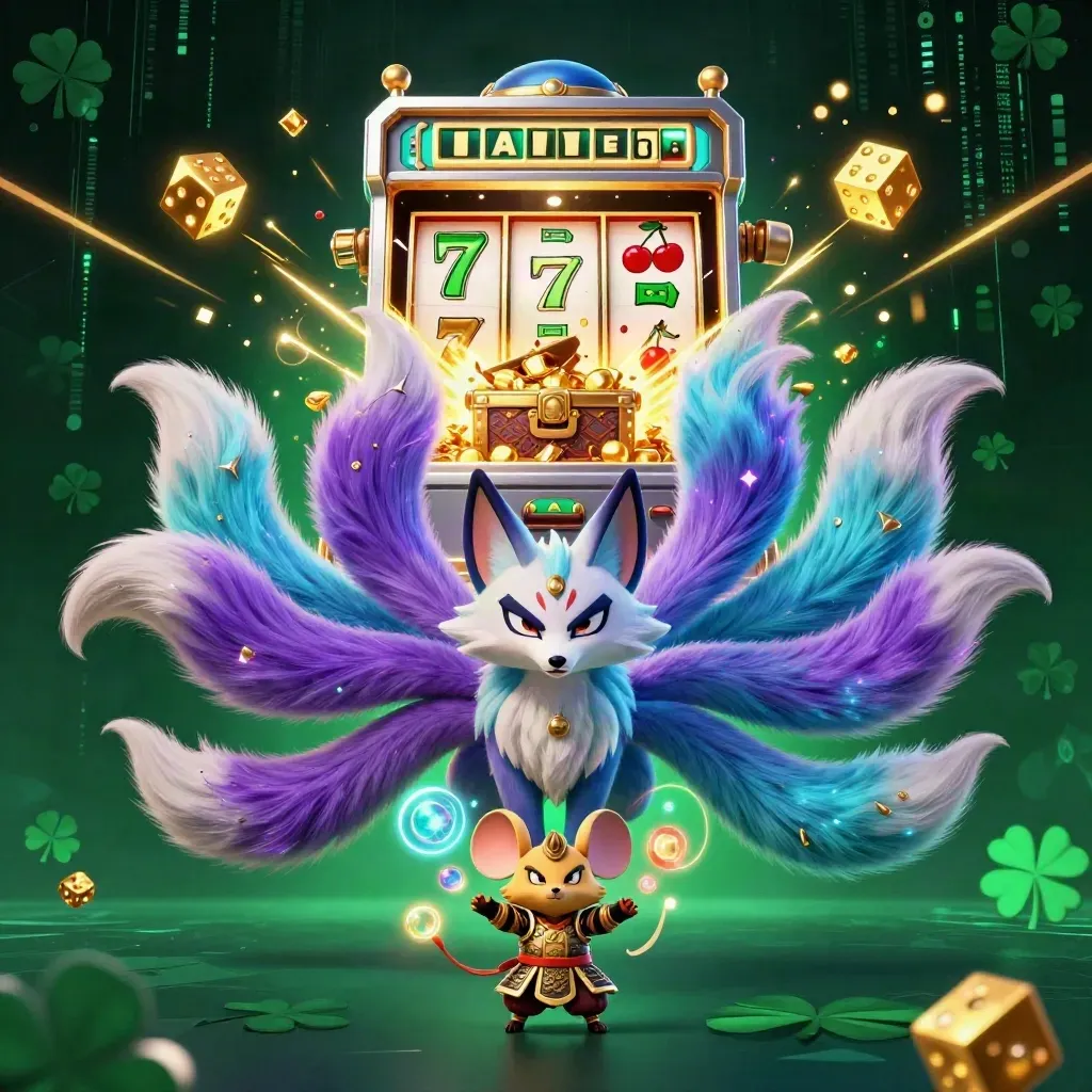 Neon fox spirit and armored mouse amid exploding slot reels, gold dice, and electric casino energy.