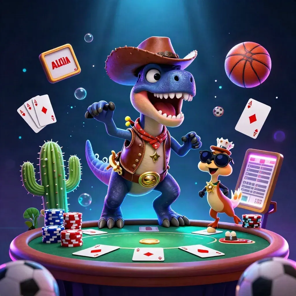 Cowboy T-Rex, cactus sidekick, and roadrunner amid poker chips, cards, and neon casino glow.