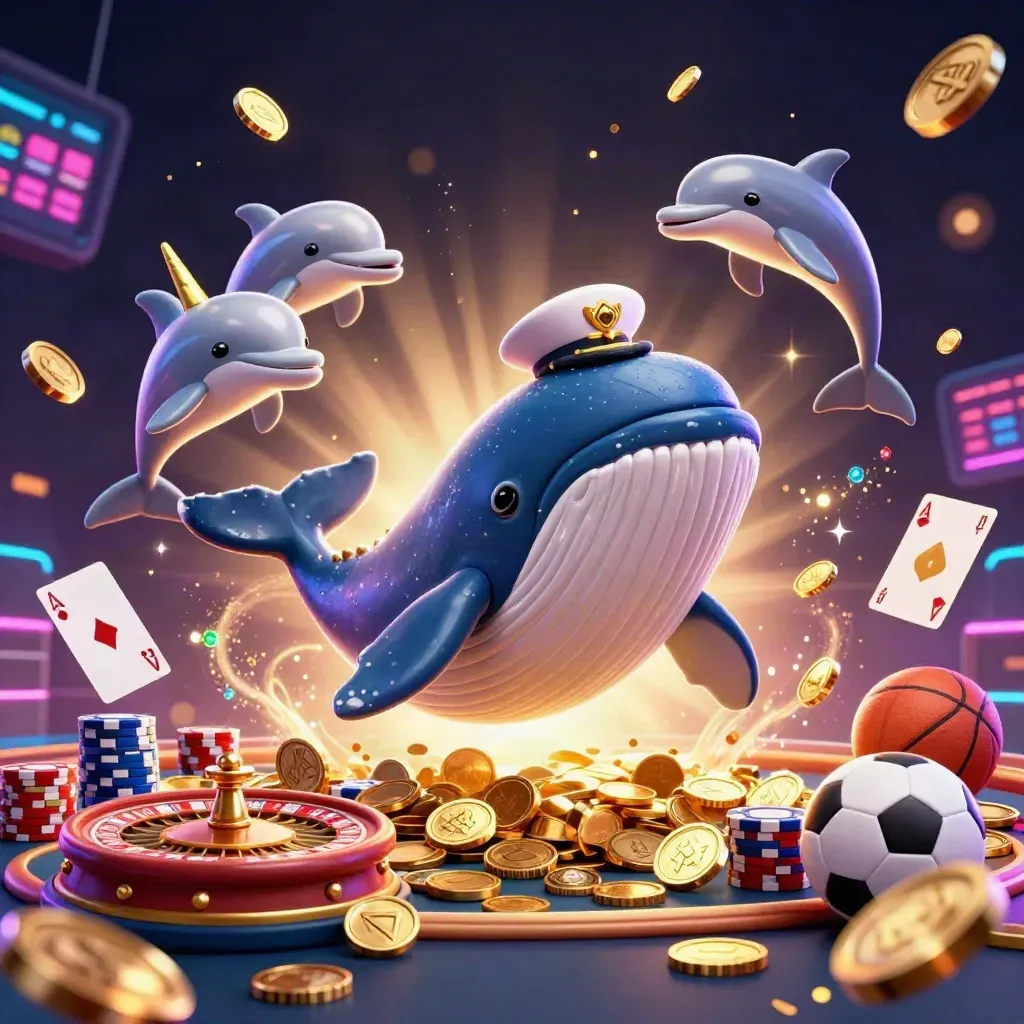 Whale captain, narwhal and dolphins amid coins, chips and neon casino effects