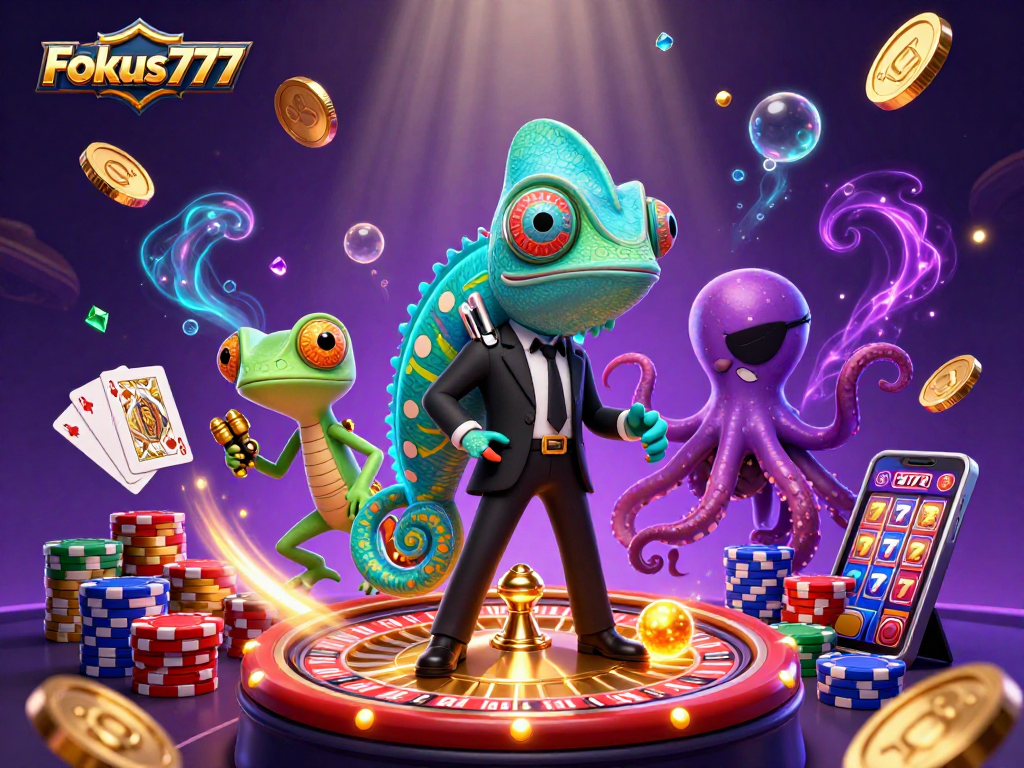 Engage with Fokus777's thrilling gaming experience featuring a dynamic chameleon, gecko, and octopus amid dazzling casino elements.