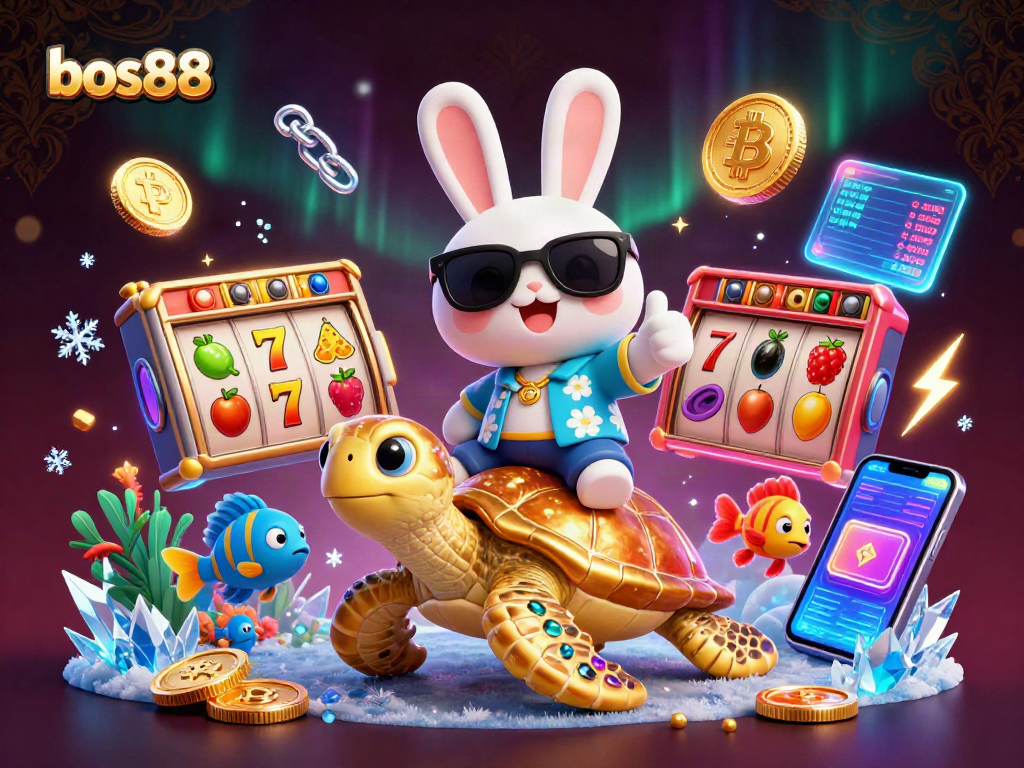 Bermain slot di bos88 dengan kelinci kartun bahagia dan penyu emas yang berkilau.