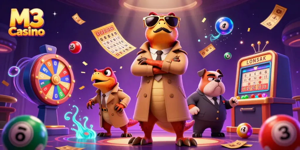Join the fun at M3 Casino as three cartoon raptors sneak into a VIP lounge amidst lottery excitement.