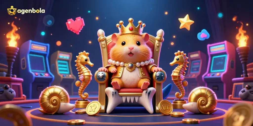 Engage with agenbola's vibrant electronic casino scene featuring a hamster king on a shark throne.