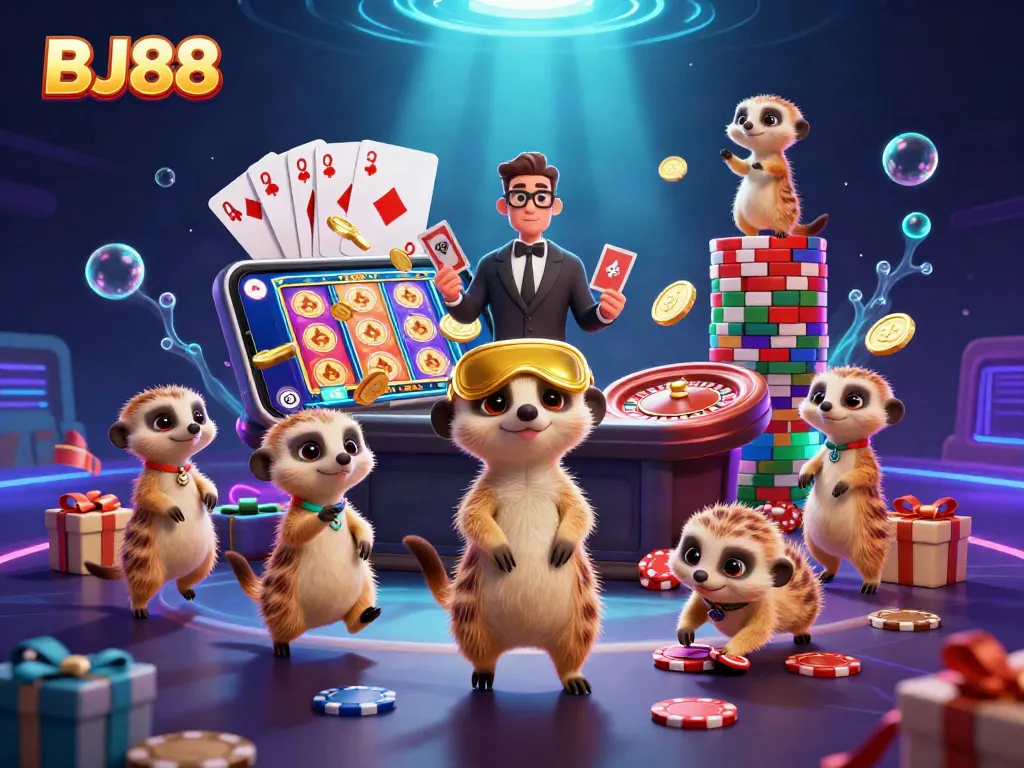 BJ88 meerkats managing a vibrant casino scene with dynamic games and energetic action
