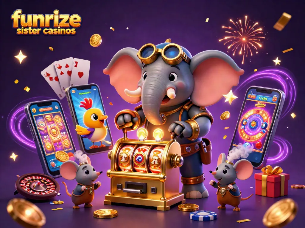 Spin vibrant funrize sister casinos through dynamic 3D steampunk illustration filled with games.