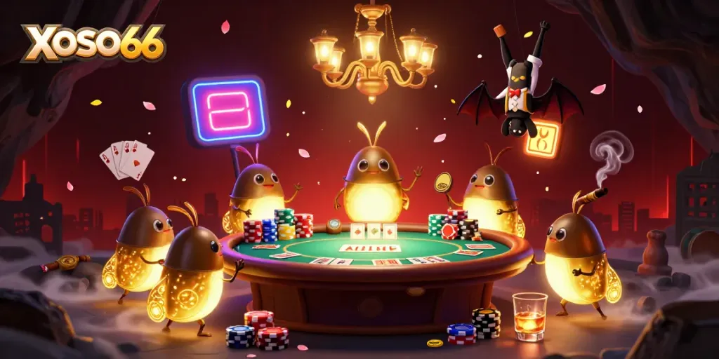 XOSO66 illuminates a vibrant cave casino with animated glowworms and thrilling gaming elements.
