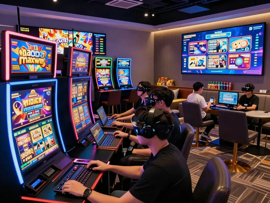 Engaged gamers enjoying slot gacor maxwin gameplay in a vibrant online casino.