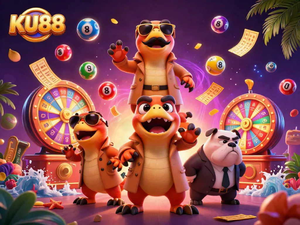 KU88 raptors in trench coat humorously attempting casino entrance, filled with vibrant gambling elements.