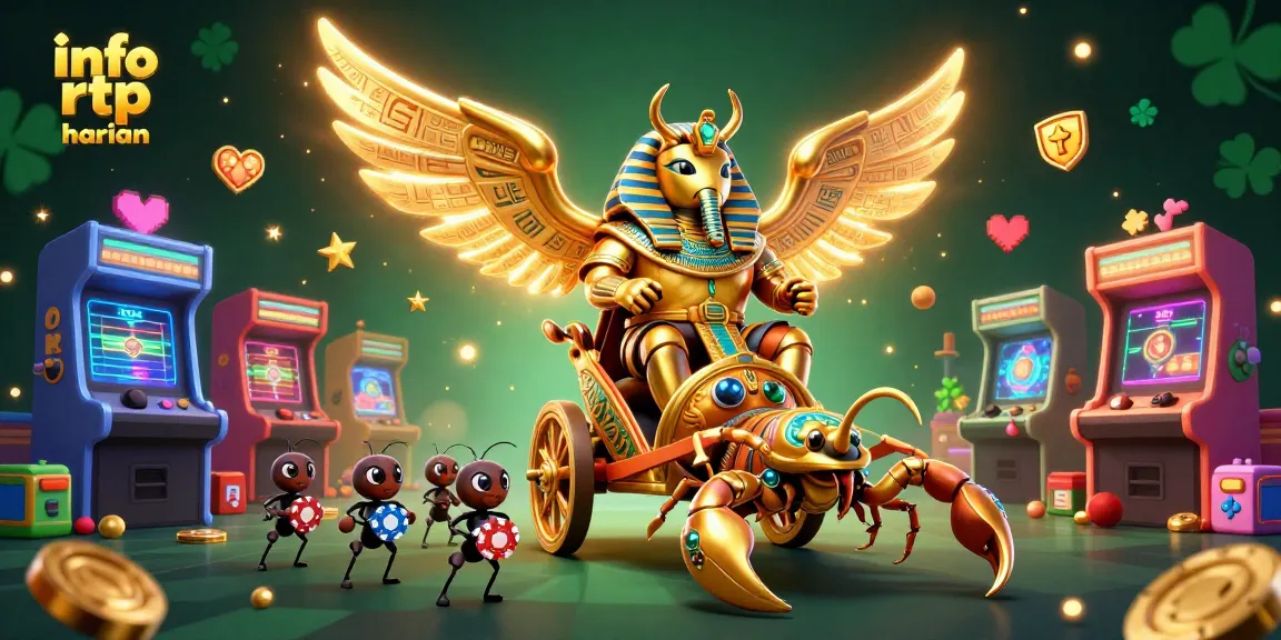 Win with info rtp harian as the colossal golden scarab beetle leads a dynamic gambling scene.