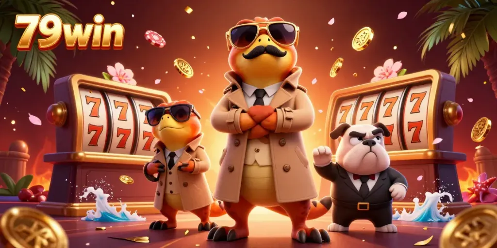 Experience thrilling gaming action at 79win with raptors in a trench coat entering a VIP lounge.