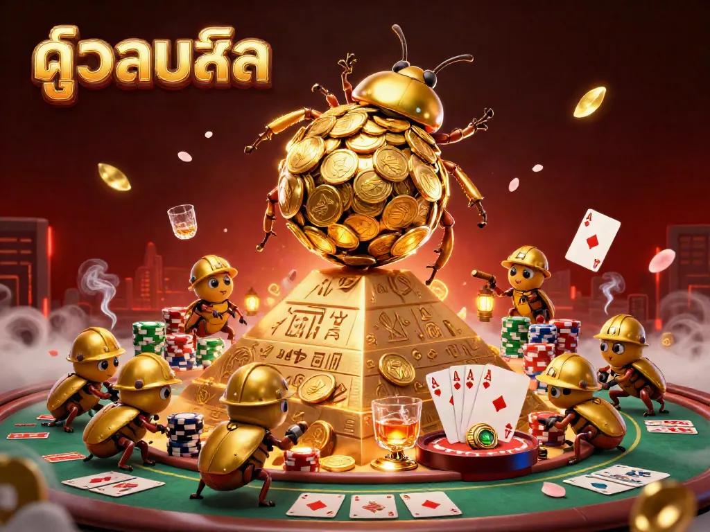 Experience exhilarating ดูบอลสด action with a cartoon golden dung beetle rolling coins amidst vibrant casino elements in 3D illustration.
