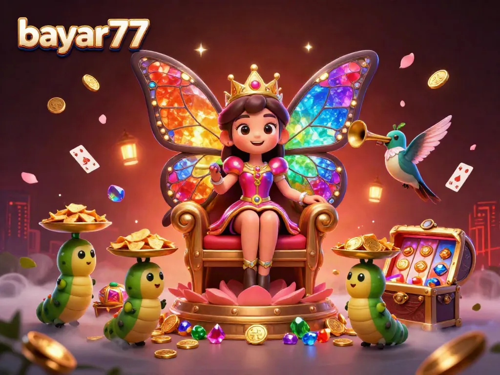 Engage in thrilling gameplay at bayar77 with a vibrant casino-themed 3D illustration featuring a butterfly queen and rich game elements.