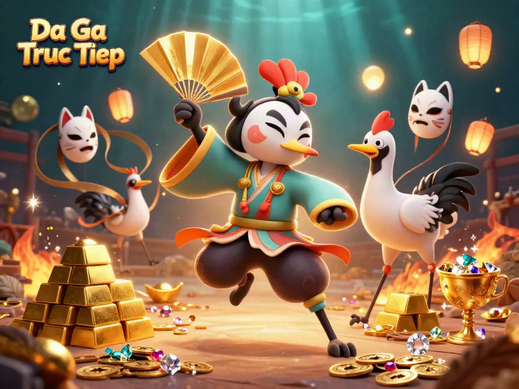 Engage with Da Ga Truc Tiep in a vibrant cockfighting scene featuring warriors and treasure.