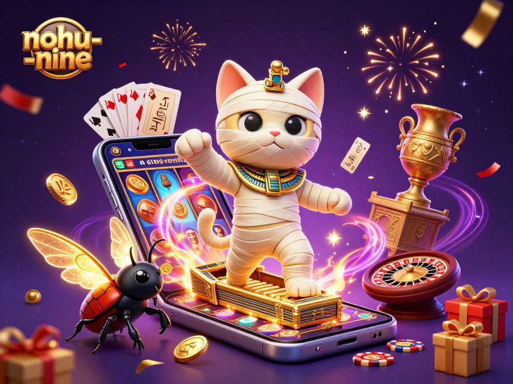 Experience thrilling gameplay in nohu-nine with an Egyptian mummy cat and a scarab beetle in a vibrant casino.