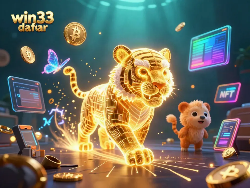 Experience the dynamic gaming scene with win33 daftar featuring a neon golden tiger in a digital casino.