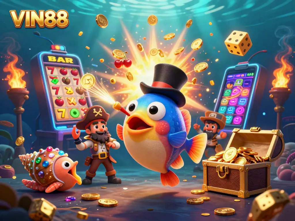 Experience winning with VIN88's vibrant casino action illustrated in a stunning underwater 3D scene.