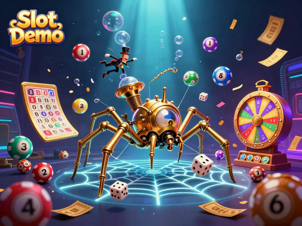 Engage in thrilling Slot Demo simulations with a captivating 3D steampunk scene of a golden spider and various gaming elements.