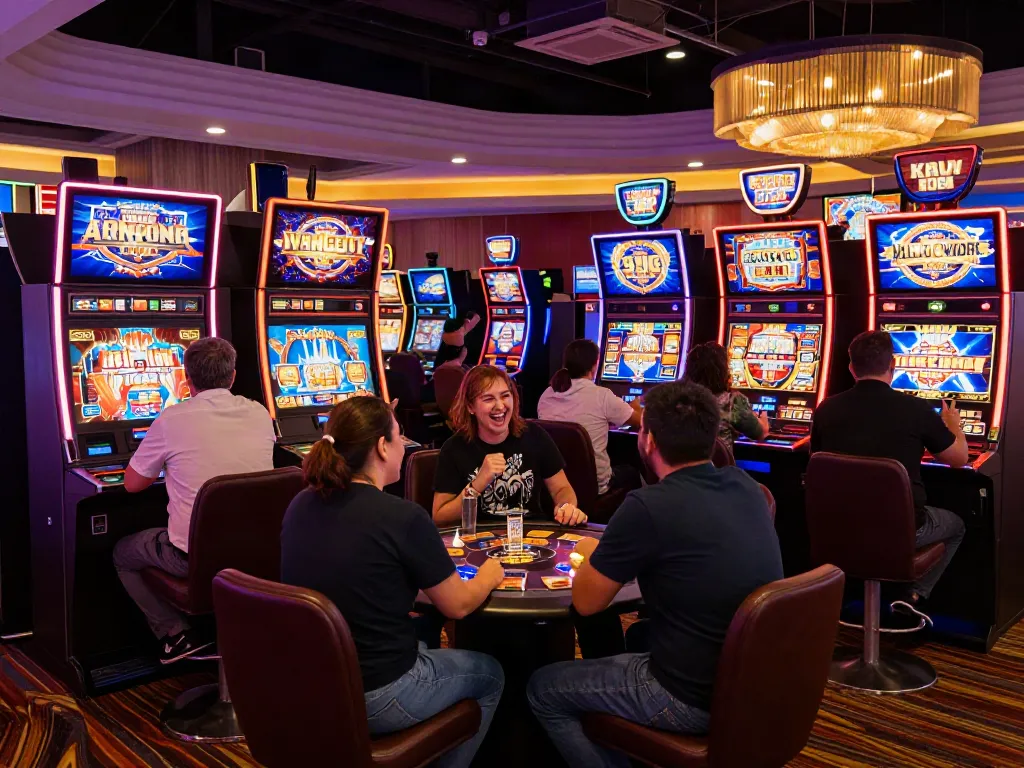 A80 slot information platform showcasing an engaging casino scene with diverse players enjoying vibrant slot machines amidst lively atmosphere.