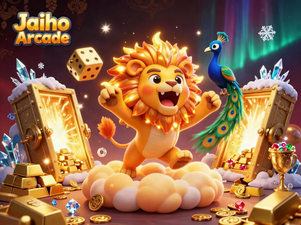Experience thrilling gameplay with Jaiho Arcade in this vibrant casino-themed 3D artwork featuring festive characters and elements.