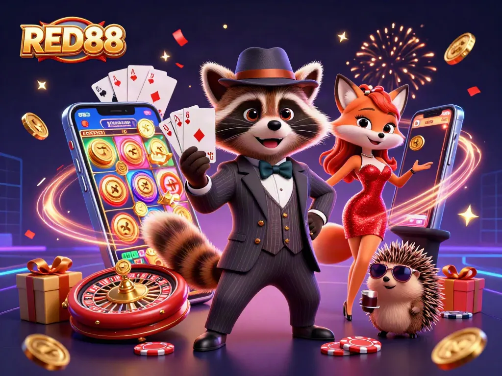 Experience RED88 thrills with a raccoon, fox, and hedgehog celebrating in a vibrant casino