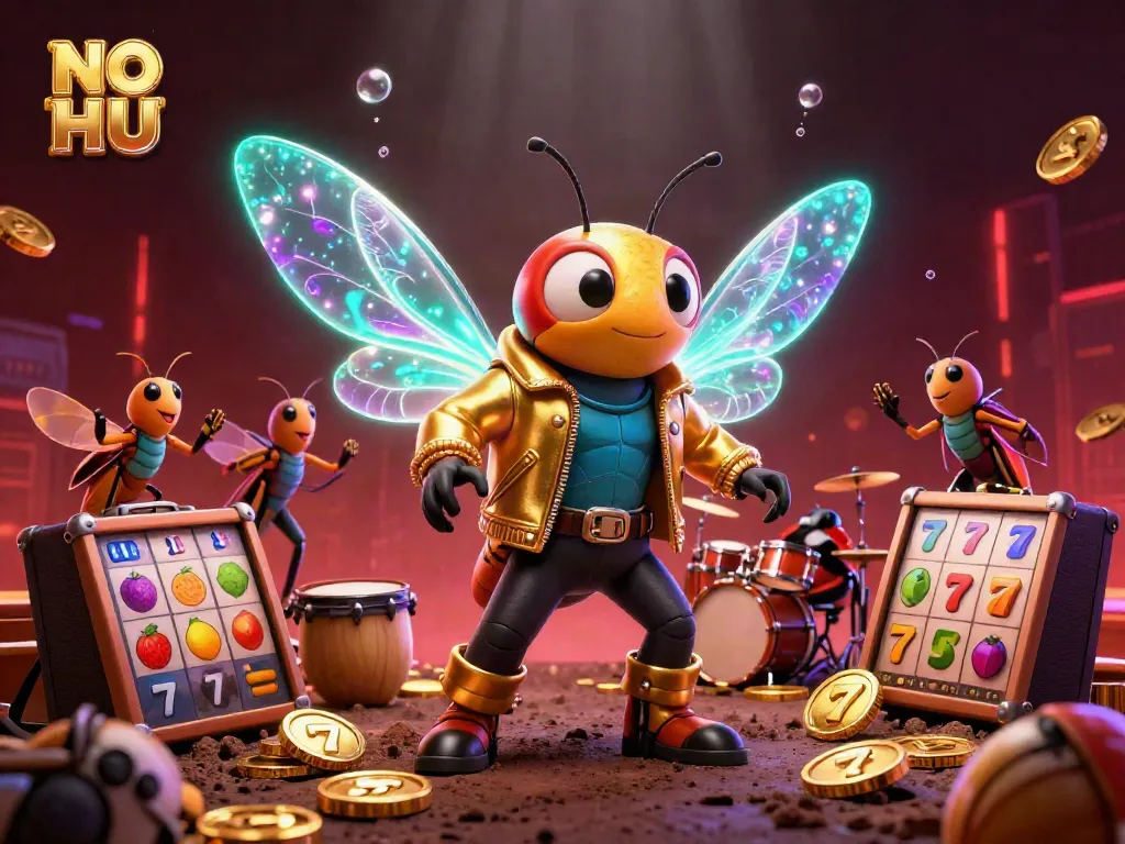 Experience the electrifying vibe of NO HU with this lively 3D casino scene featuring a rock star cicada amidst slot reels and golden coins.