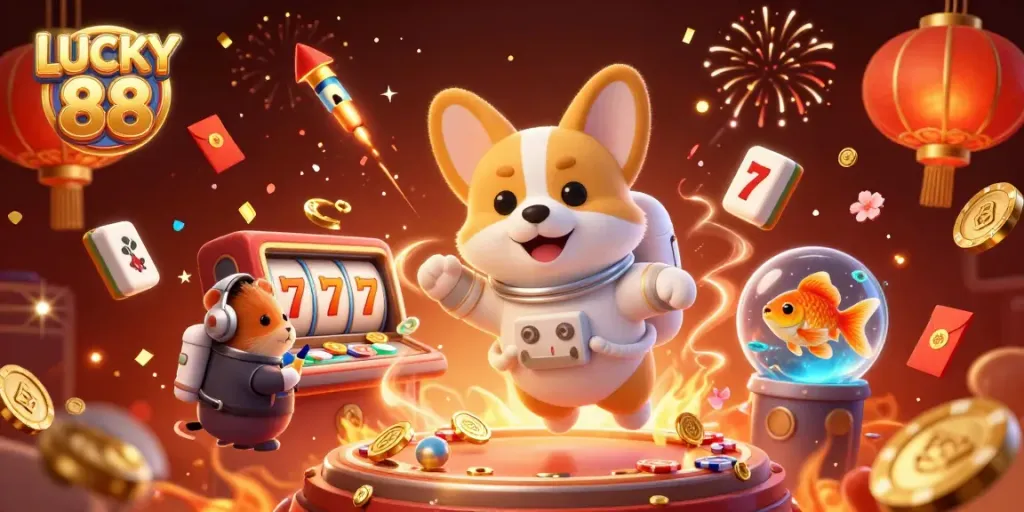 Experience LUCKY 88 with vibrant slot reels and a playful astronaut corgi in a dazzling casino setting.