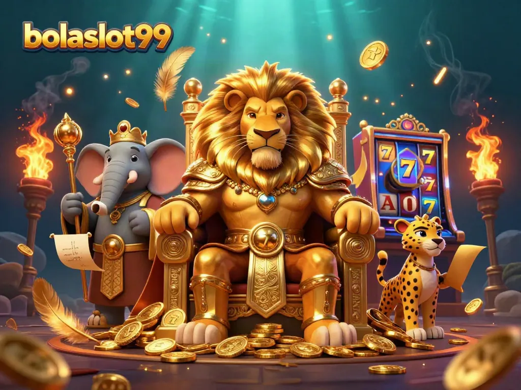 Bolaslot99 showcases an engaging 3D scene of a king lion, wise elephant, and fast cheetah amidst thrilling slot reels.