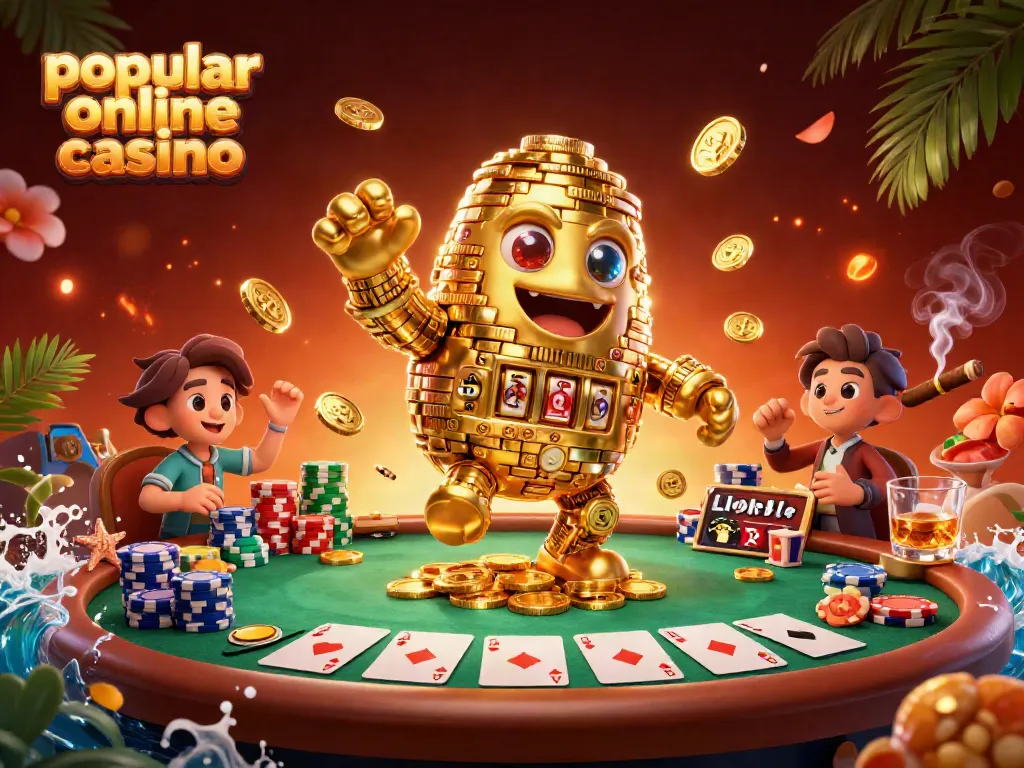 Experience the excitement of a popular online casino with vibrant 3D art featuring poker elements and a golden golem.