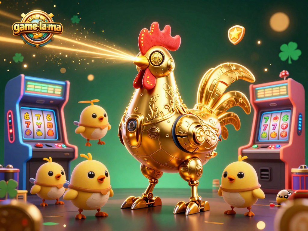 Game-la-ma features a dynamic scene with a golden rooster robot and colorful arcade elements.