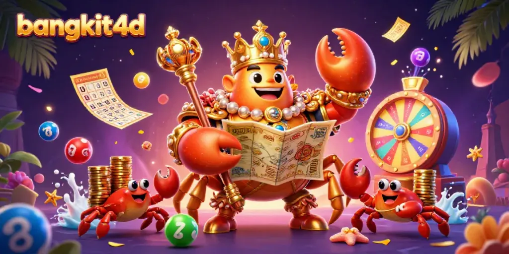 bangkit4d memimpin permainan slot dengan karakter kepiting emas raja dan angka lotere yang berwarna.