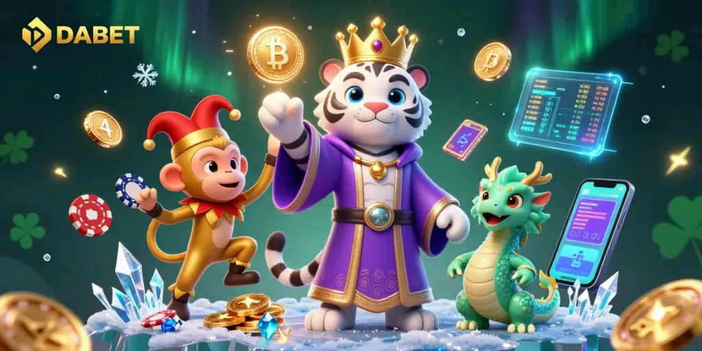 DABET showcases a vibrant 3D illustration of a royal tiger with a crown, a jester monkey, and crypto coins illustrating casino and blockchain excitement.